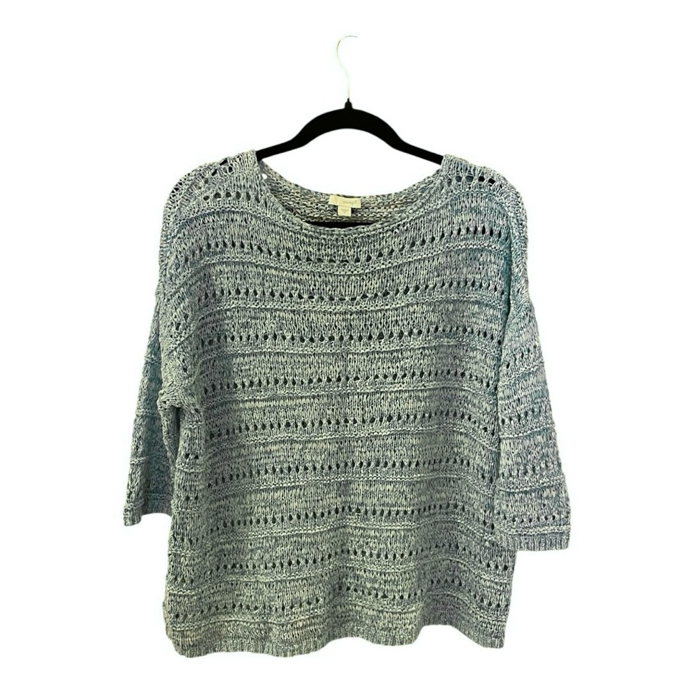 Purejill Woven Boucle Cotton Nylon Blue Sweater, Size M, 3/4 Sleeves.